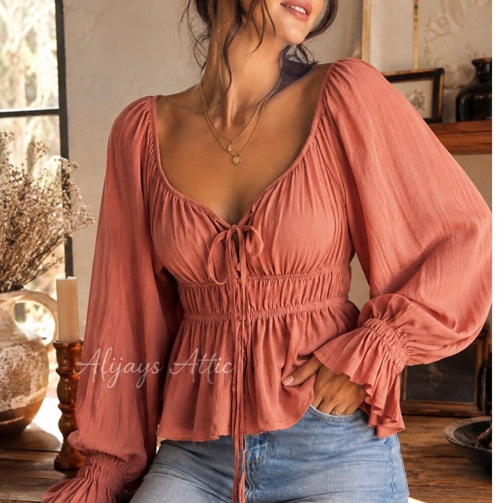 4SI3NNA Smocked Peplum Tie Front Blouse Dusty Rose Cottagecore Boho M